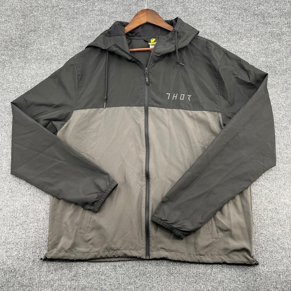 Vtg Thor Motocross Windbreaker Jacket Mens 2XL Black Gray Hood Full Zip Gorpcore